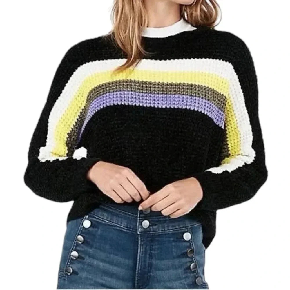 Black Striped Crewneck Sweater with Yellow & Lavender Accents